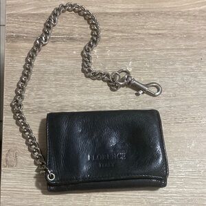 Vintage Florence Italy Black Leather Men's Zippered Wallet with Chain